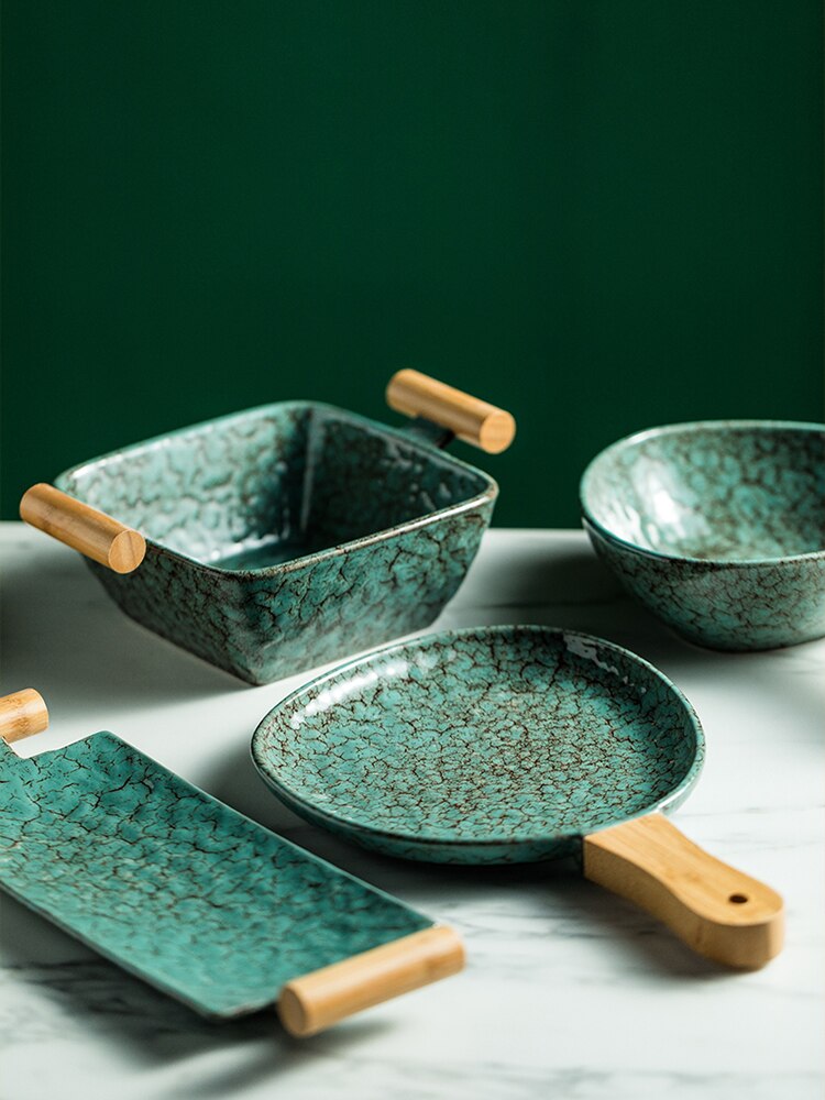 Retro Ceramic Dinner Plate with Wooden Handle Deep Dish Personality Household Restaurant Suchi Plate Ceramic Salad Bowl