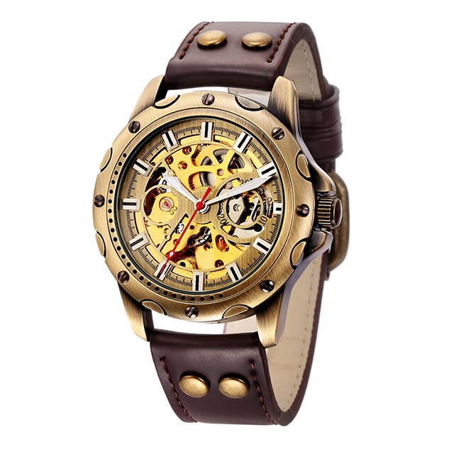 Horloge Mannen Mechanische Automatische Horloge Steampunk Skeleton Self Kronkelende Heren Horloge Retro Lederen Horloge Mannelijke Klok Montre Homme: Brown