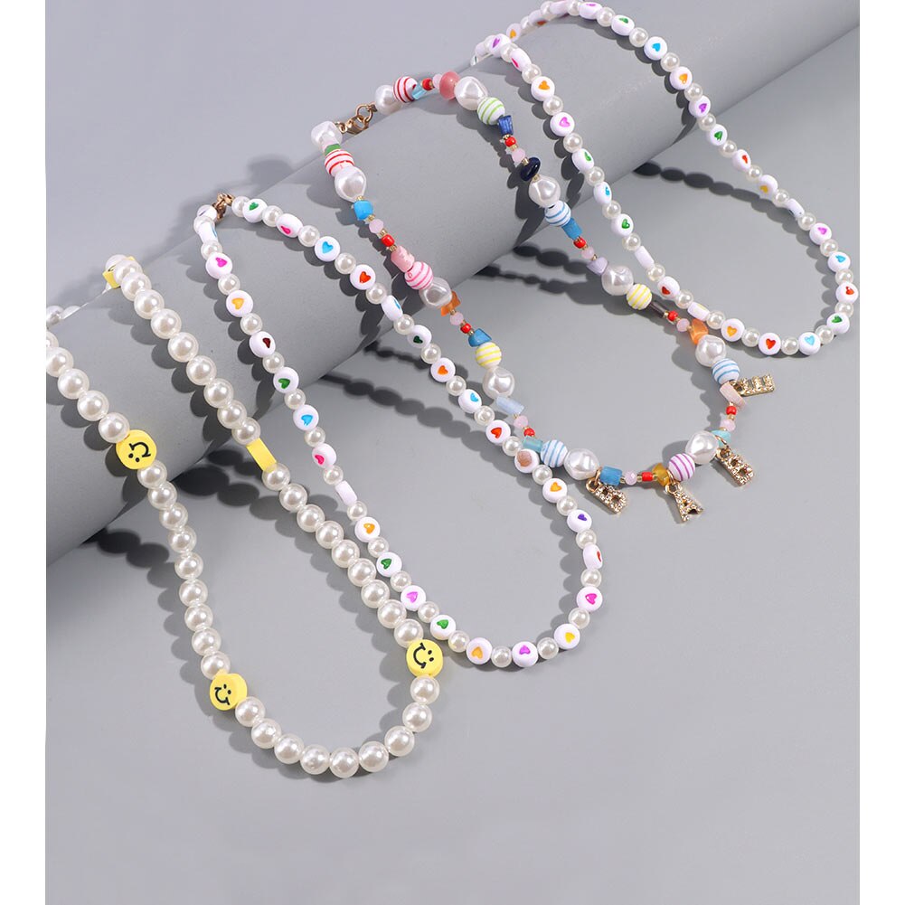 Collier perlé coloré Smiley pour femmes, fait à la main, style Baroque, perles de bonbons, ras du cou, bijoux de pour filles