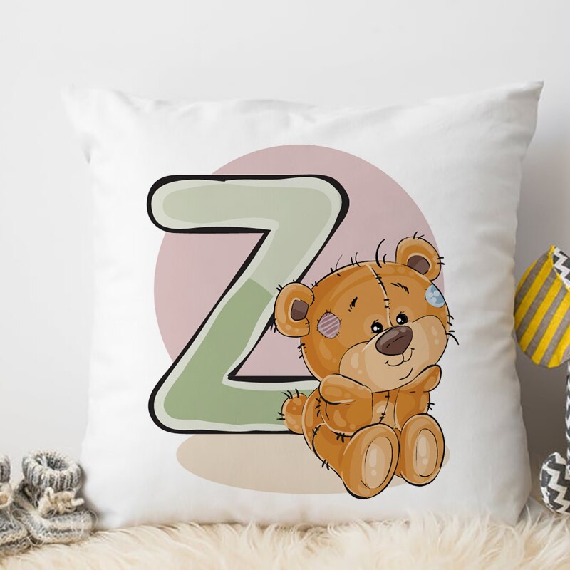 Leuke Cartoon Dier Kussenhoes Voor Kinderen Kamer Water Kleur Q-Z Engels Brief Print Kussensloop Zachte Kussensloop 45x45cm: Z10065-DCCWH-M