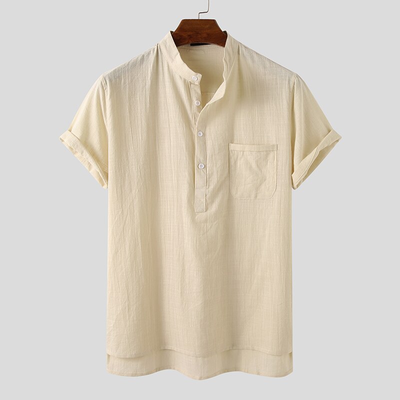 Incerun sommer fritidsskjorter for menn kortermede v-hals basic bluse casual løse tynne topper menn pluss størrelse s -3xl: Khaki / Xl