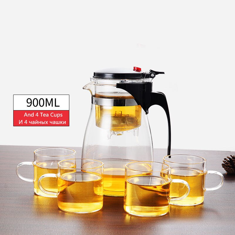 Heat Resistant Glass Tea Infuser Tea Pot Chinese Kung Fu Tea Set Puer Kettle Coffee Glass Maker Convenient Office Tea Sets: 900ML And 4 Tea Cups