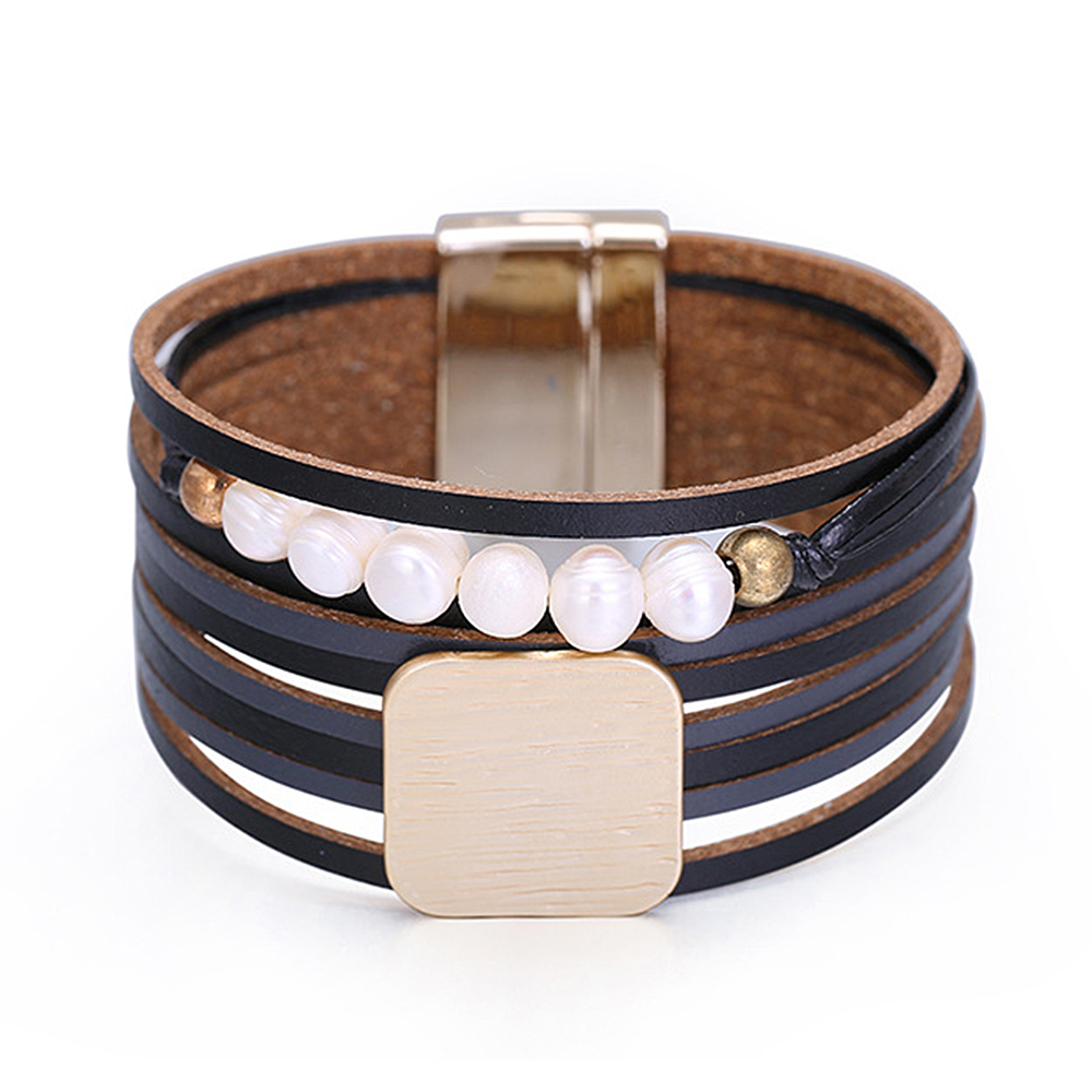 Kirykle Frauen Armbinde Geometrische Platz Metall Charme Leder Armbinde Perle Armbänder Armreifen Goldene Pendeln Schmuck