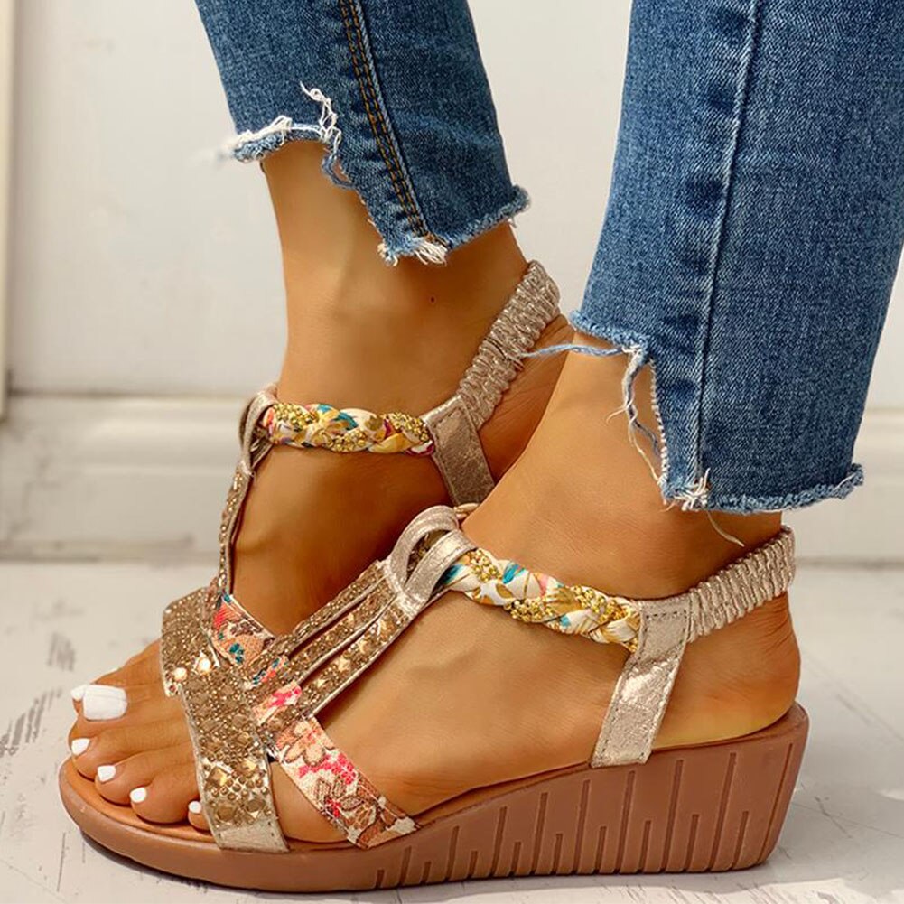 Gladiator Sleehak Elastische Band Kristallen Zomer Vrouwen Schoenen Vrouw Sandalen Strand Sandalen