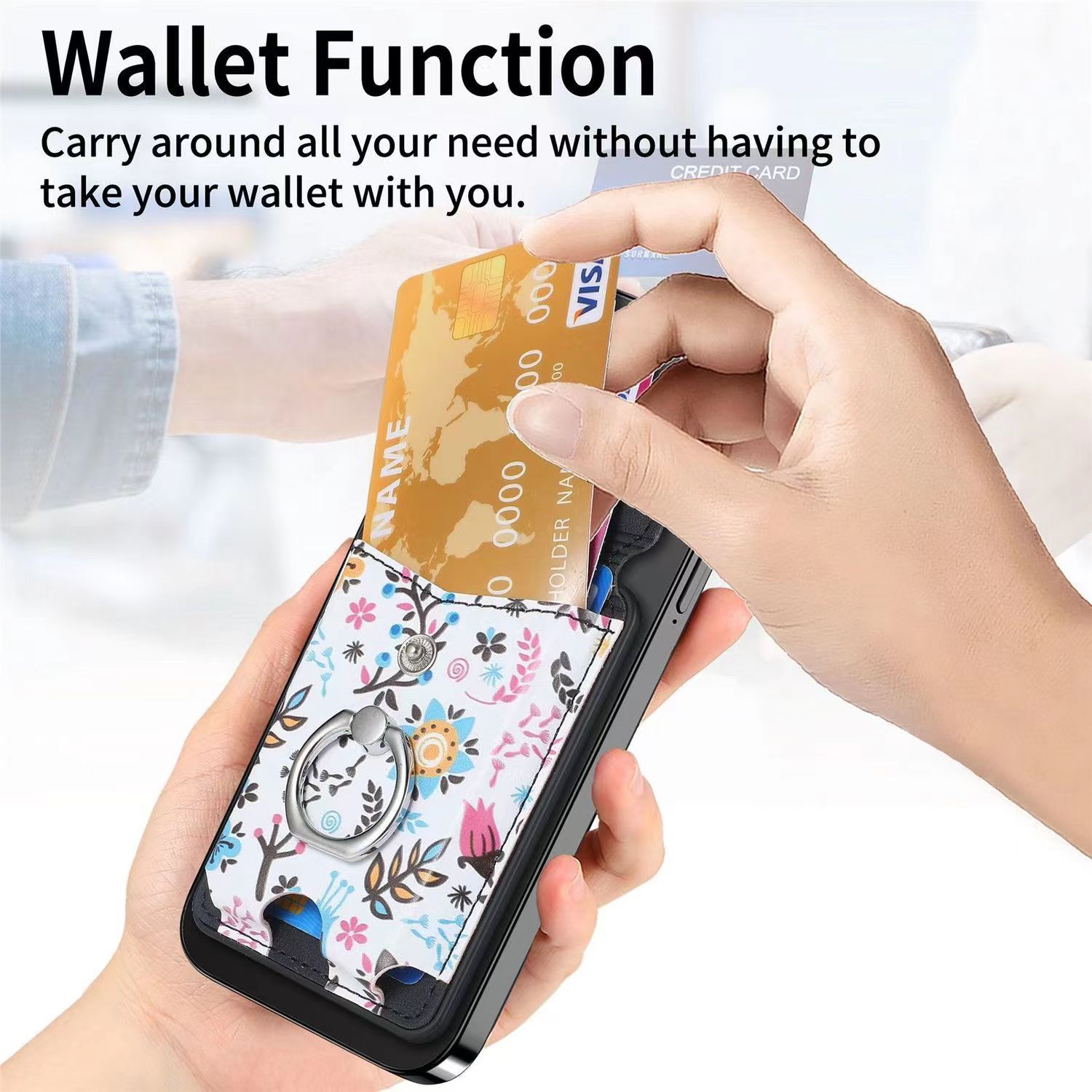 Floral Pattern Magsafe Wallett Card Holder Removable Silicone Security Box Card Holder with Bracelet Holder for Iphone Apple