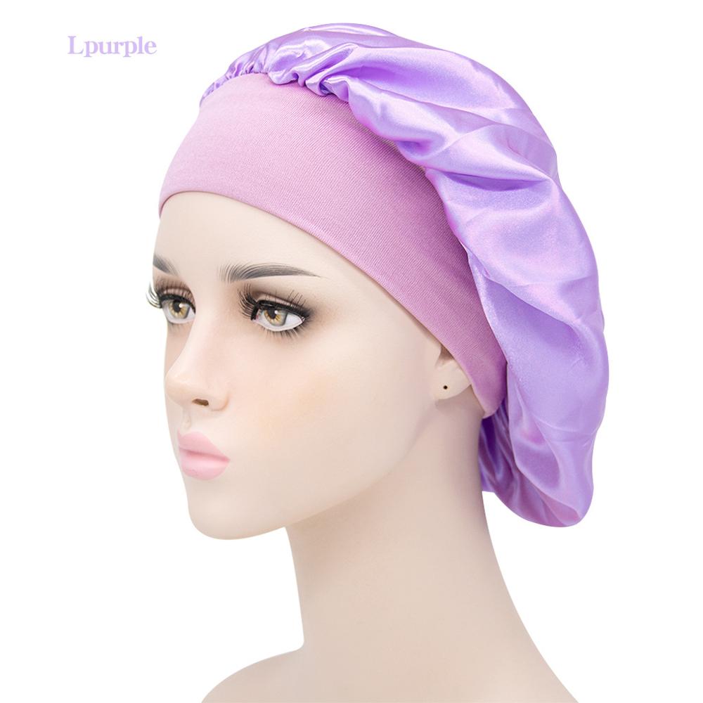 Gorro de descanso de ala ancha de satén para mujer, gorro de dormir para el cuidado del cabello, gorro de noche, Unisex, gorro de ducha, envoltura de cabeza de seda: light-purple