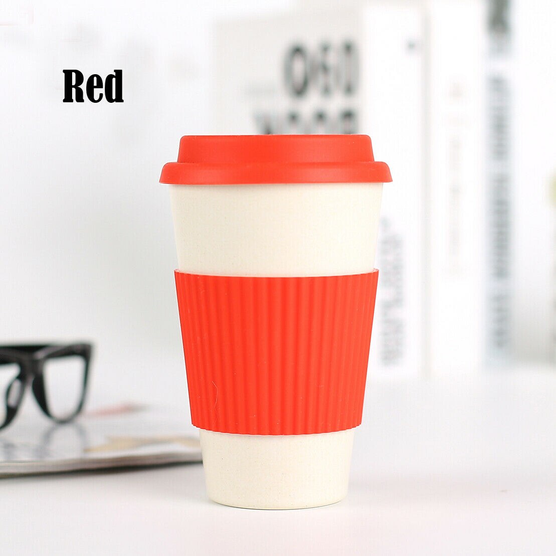 UK Reusable Bamboo Fibre Coffee Tea Cup Mug Wheat Straw Travel Cup with Silicone Cup Lid: Red