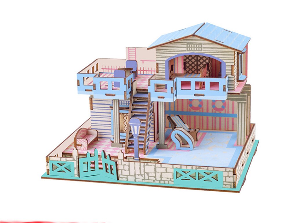 Wooden 3D three-dimensional handmade diy wooden puzzle cottage model children's toys: Pink