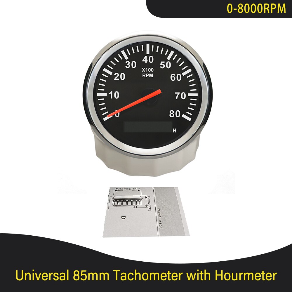 Universele 85Mm Auto Boot Tacho Sensor Marine Toerenteller Met Urenteller 3000 4000 6000 8000 Rpm Toerenteller 12V/24V Rode Backlight: 8K-BS