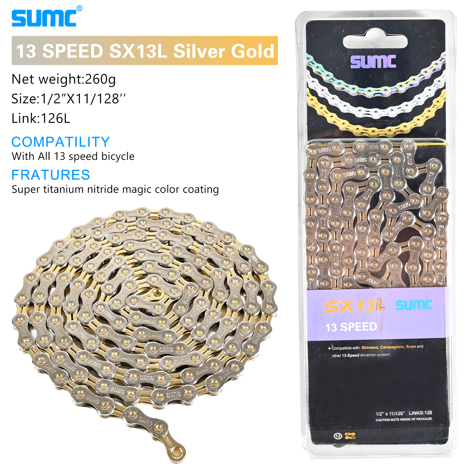 Neue sumc Mountain Road Fahrrad Schalt kette 8 9 10 11 12-Gang hohle ultraleichte Goldkette 251g mit Missing link m8000 m6000: WEISS