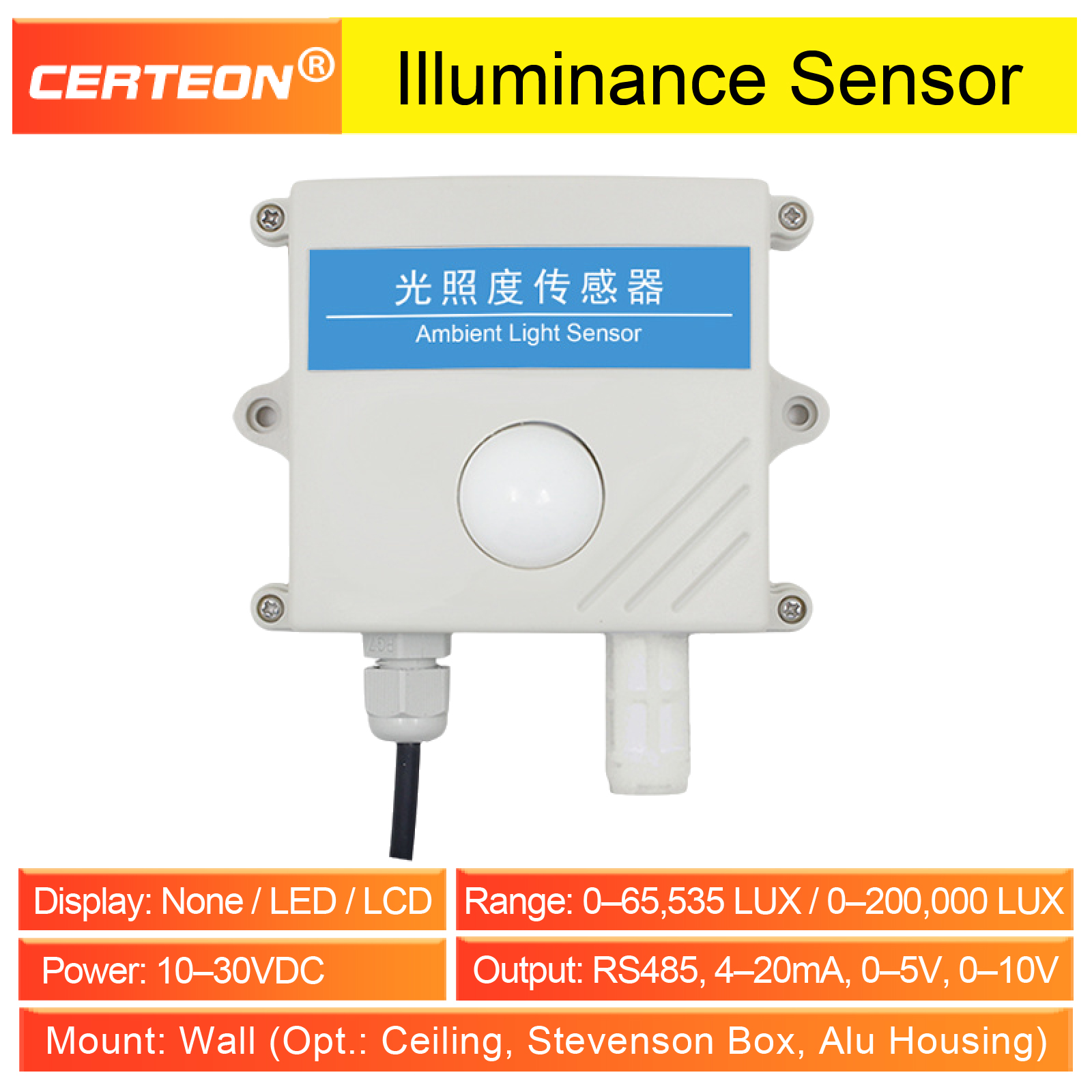 High-Precision Wall-Mounted Ambient Light Sensor Illuminance Meter with Temperature and Humidity Detection for Industrial Use