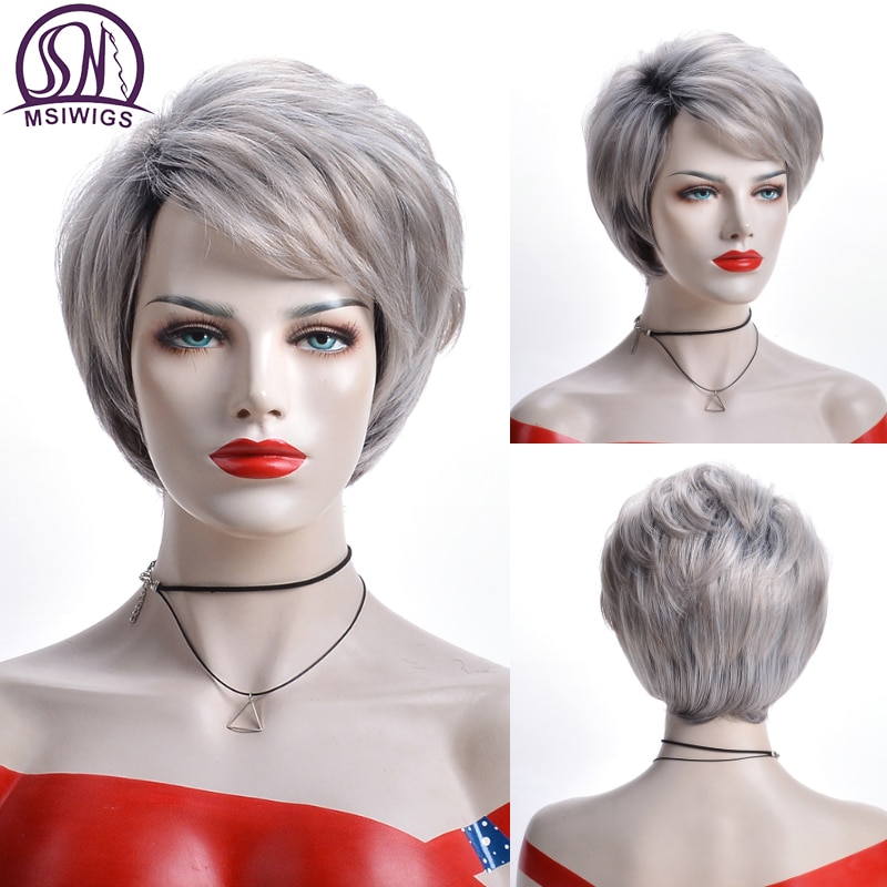 MSIWIGS Straight Short Wig for Elder Women Silver White Grey Synthetic Wigs with Bangs Natural Ombre Hair Africa American Wig
