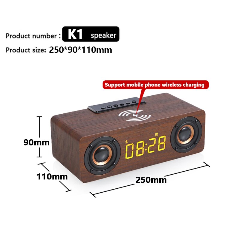 Home theater wooden TV sound bar computer bluetooth speaker subwoofer Fm radio Wireless charging Alarm clock caixa de som: Brown