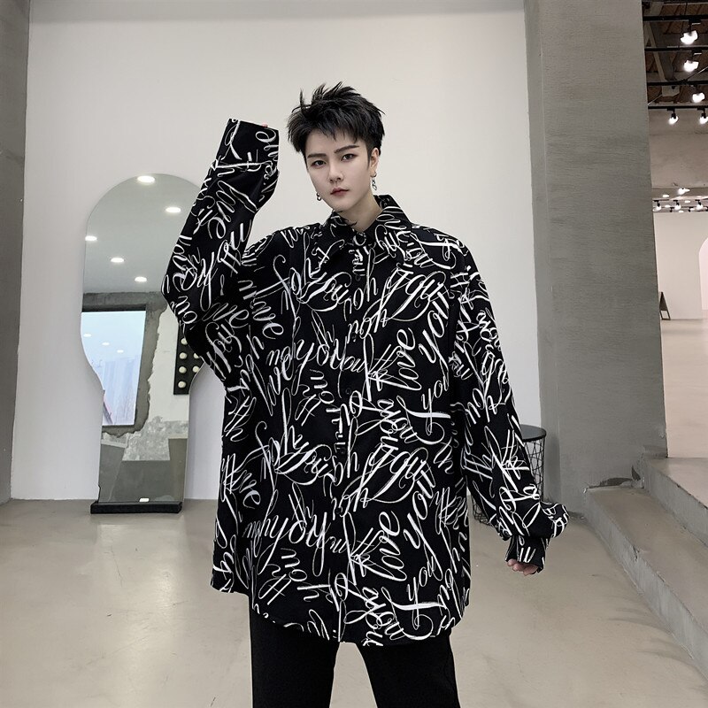 Streetwear Camisa negra de manga larga con estampado de letras Punk gótico para de noche Camisa de talla grande blusas largas Camisa masculina