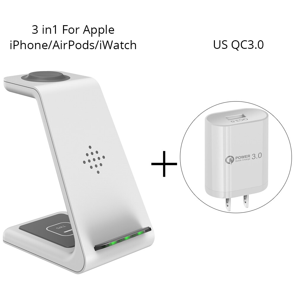 Estación de carga inalámbrica Qi 3 en 1 T3 para iPhone 11/XR/Xs/AirPods3/iWatch5, soporte de carga rápida inalámbrica para Samsung S10/Watch/Buds: Apple White Us