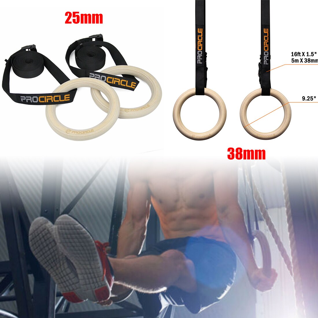1 par de anillo de gimnasia de madera pura Procircle, anillo de entrenamiento de fuerza olímpica, anillo de cincha colgante para gimnasio y Fitness