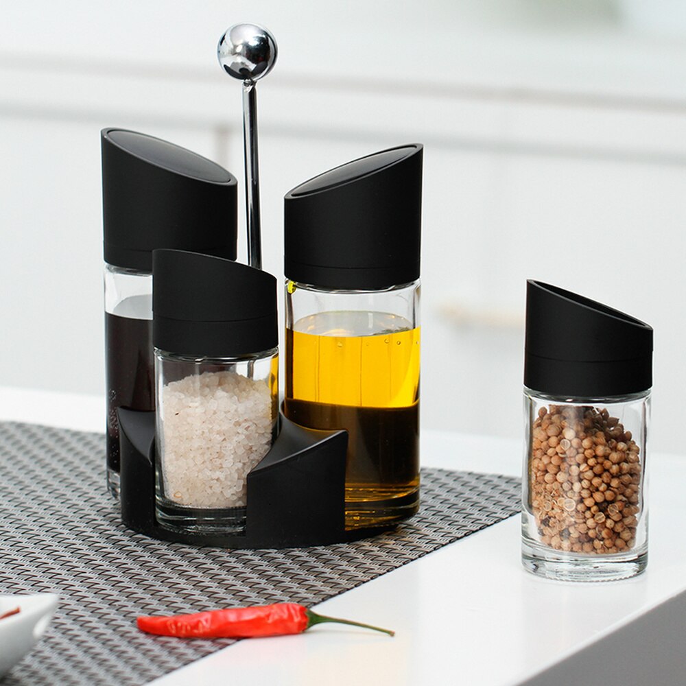 5 st roterande cruet set för kryddbehållare kryddburk salt och peppar shaker med olja vinäger flaska köksförvaring rack