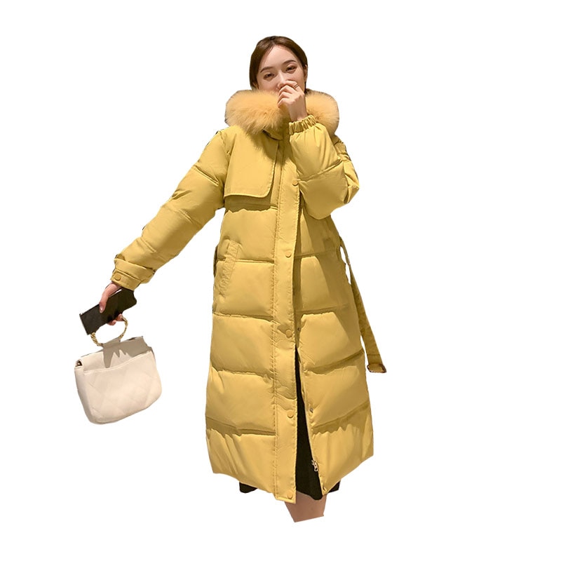 Women Long Belted Winter Jacket Hooded Fur Collar Detachable Windproof Down Jacket Oversize Cotton padded Parkas Outwear Coat