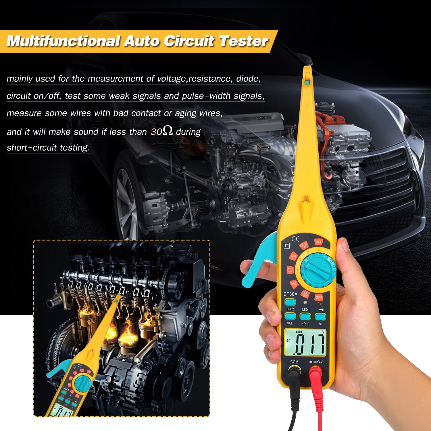 Multifunctional Auto Circuit Tester Portable LCD Digital Car Circuit Detecting Instrument with LED Illumination Car Repair