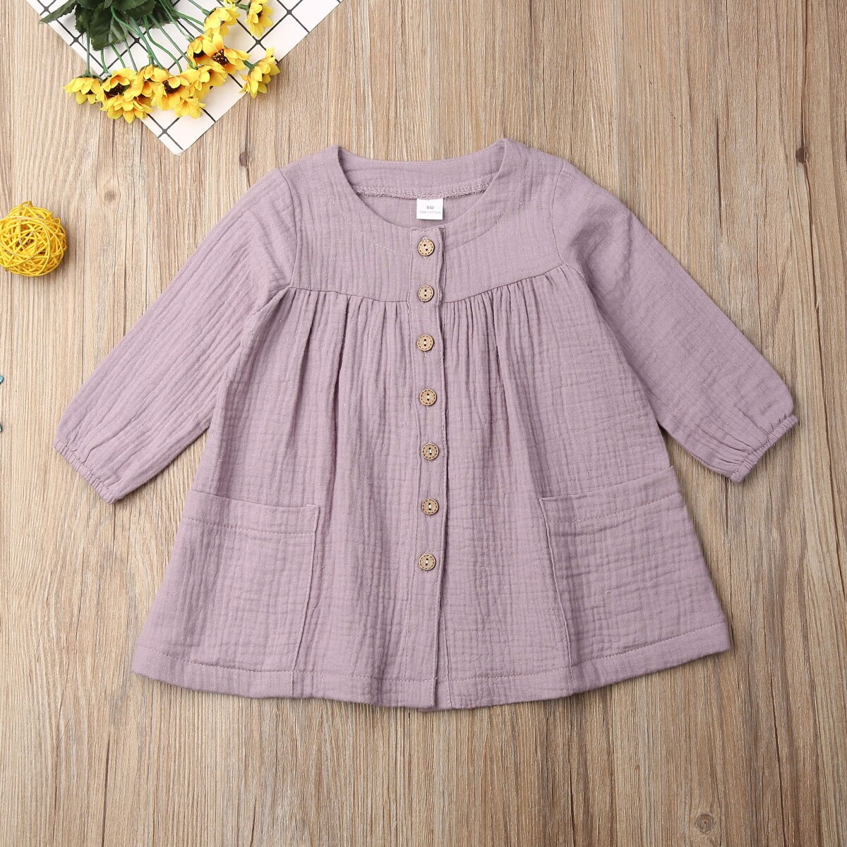 Casual Capretti Del Bambino Della Ragazza Abito Semplice di Cotone di Tela Solido A-Line Bottoni Tasche del Vestito A Maniche Lunghe Ragazze del Vestito di Autunno Vestiti 1-6Y: VIOLA / 4T