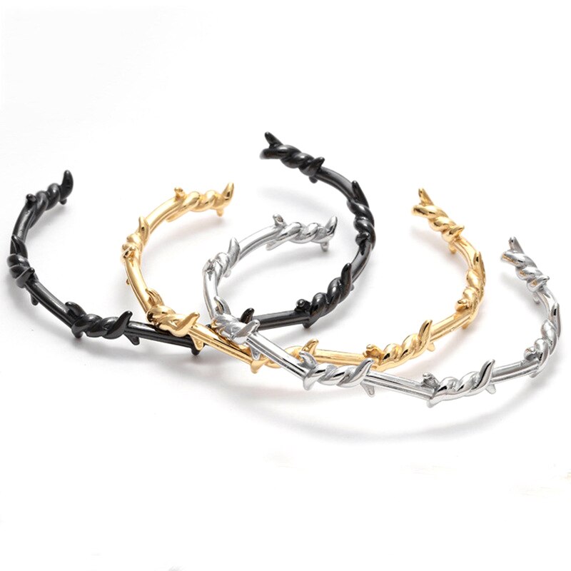 Pulseira de titânio com fio de espinhos, pulseira estilosa geométrica de alça aberta de aço titânio para homens e mulheres, joia de presente