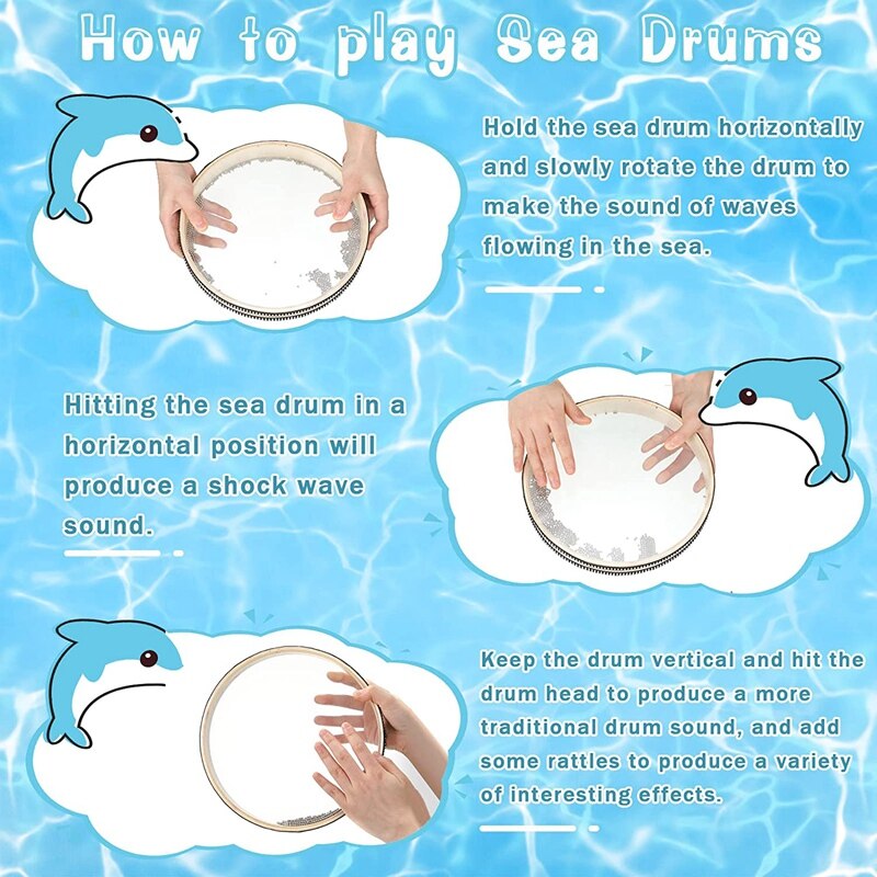 2 Pieces Wave Bead Hand Drum 8 Inch Sea Wave Sound Drum Wave Drum Ocean Sound Drum Musical Instrument Percussion