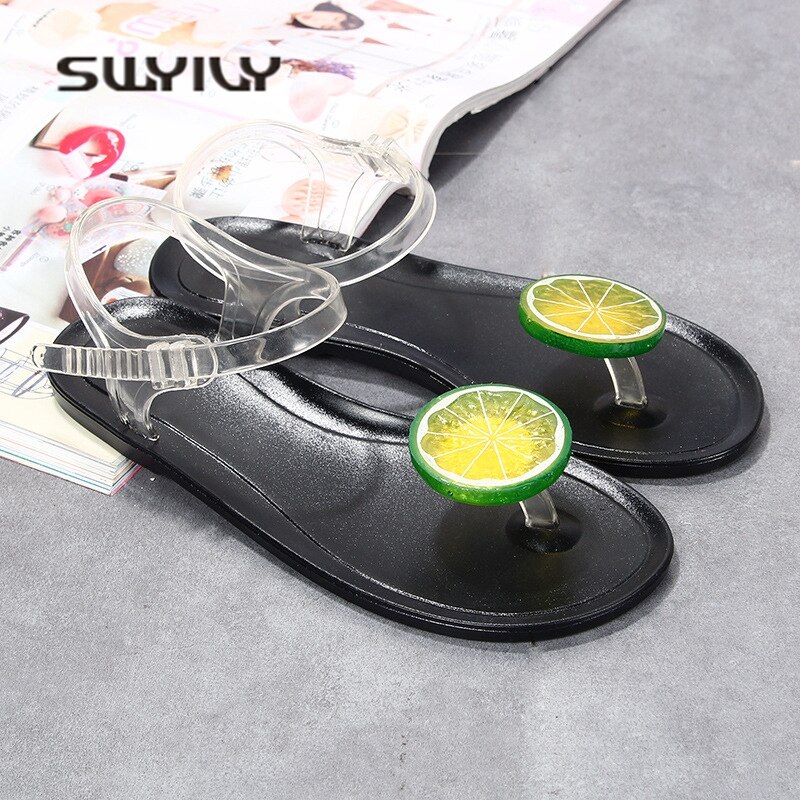 SWYIVY – sandales plates en PVC pour femmes, tongs à fruits antidérapantes, en gelée, de loisirs, de plage, grande taille, 40: green black / 40