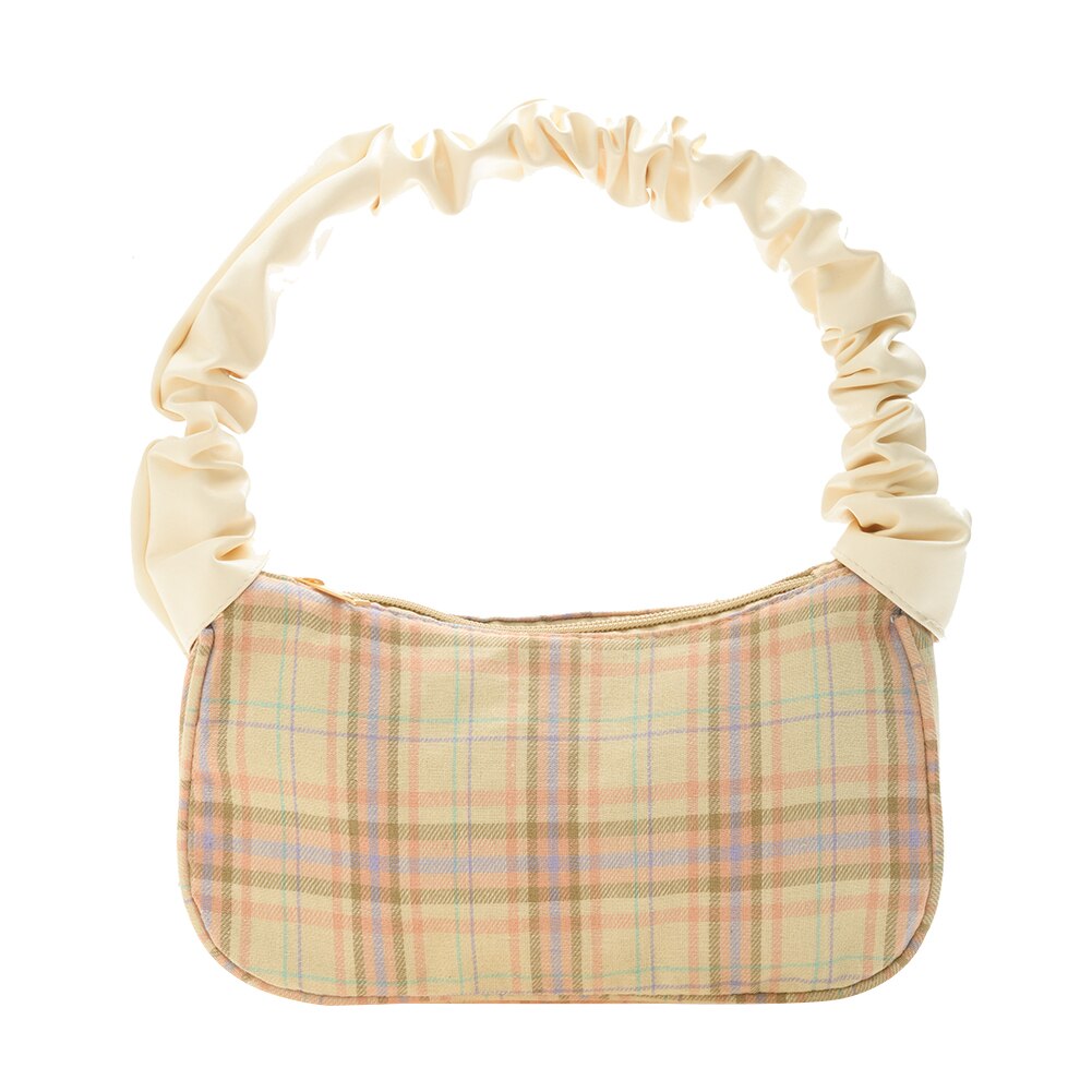 Simple Bear Plaid Printed Pleated Handbags for Women Casual Canvas Armpit Bags Female Small Underarm Shoulder Bags: Beige Plaid