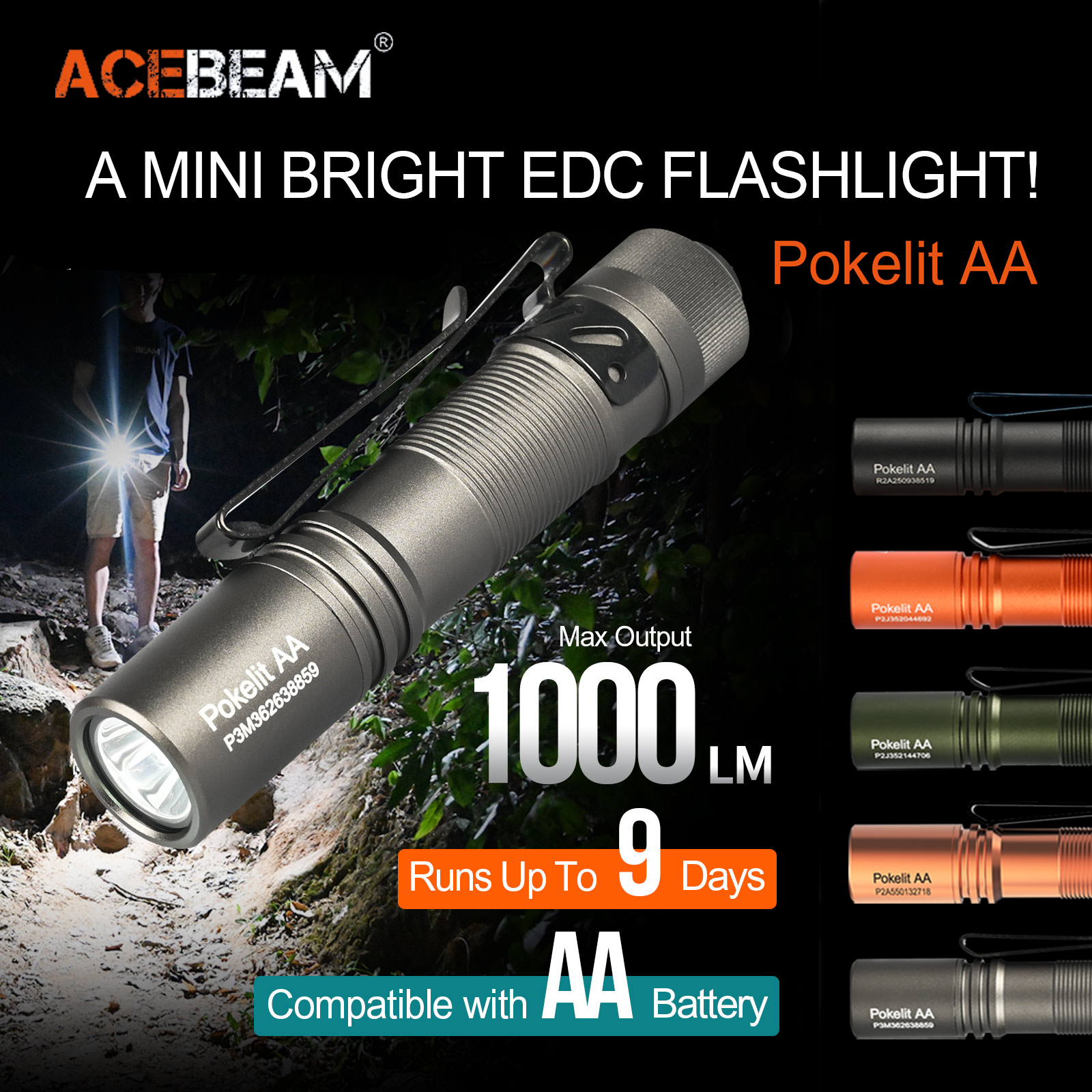ACEBEAM Pokelit AA EDC-Taschenlampe, 1000 Lumen, hohe CRI90, USB-C, wiederaufladbar, IP68, kleine Taschen-LED-Taschenlampe für Höhle täglichen Gebrauch