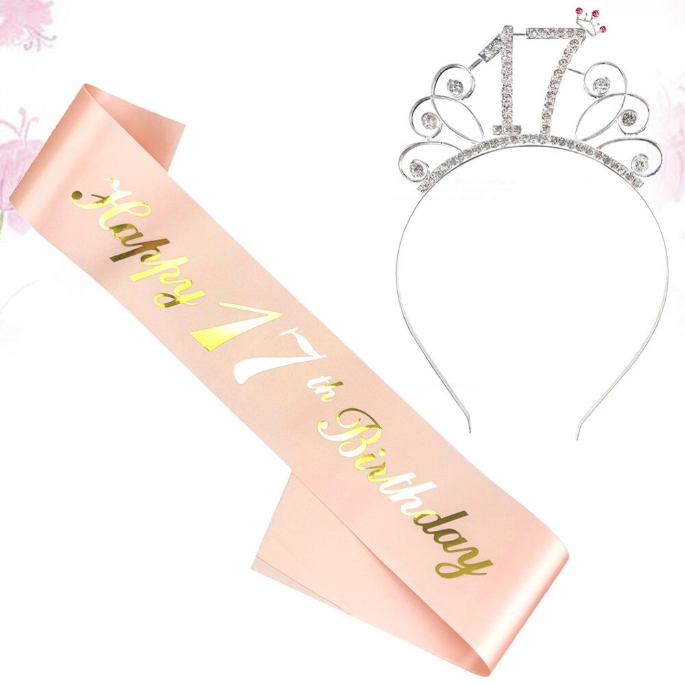 2 stuks verjaardagssjerp kroonset decoratie roségoud stempelen letterdruk etiquette riem feestbenodigdheden verkleedgunsten  (17 jaar: Roze gloden 17