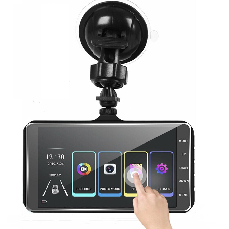 Dual lens dash cam bil dvr kamera fuld  hd 1080p 170 graders videooptager 4 "ips touch screen instrumentbræt med bagfra dashcam