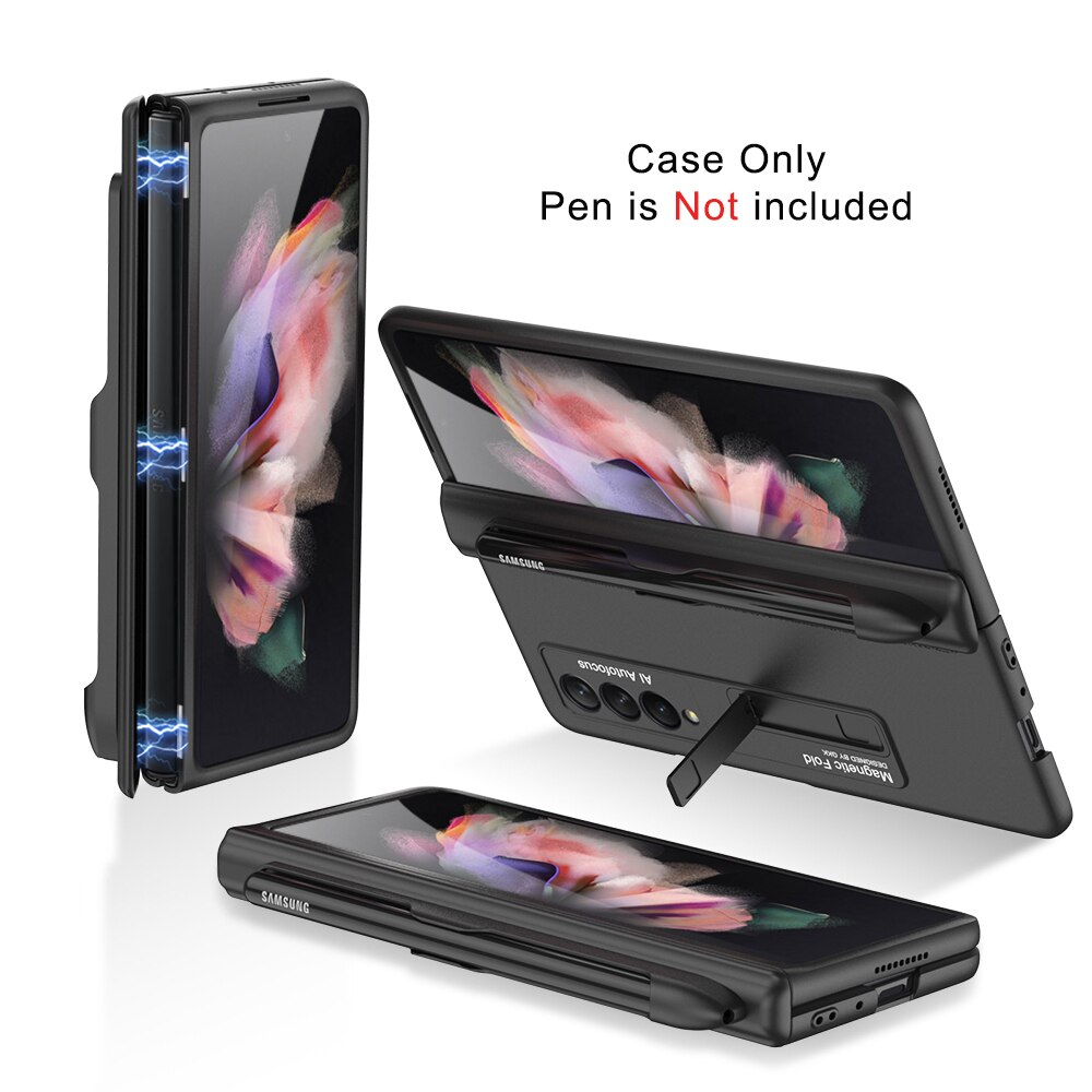 Magnetische Kickstand Pen Slot Telefoon Case Voor Samsung Galaxy Z Fold3 Vouw 3 5G Magnetische Fold Scharnier Case Armor shockproof Hard Cover: black case only