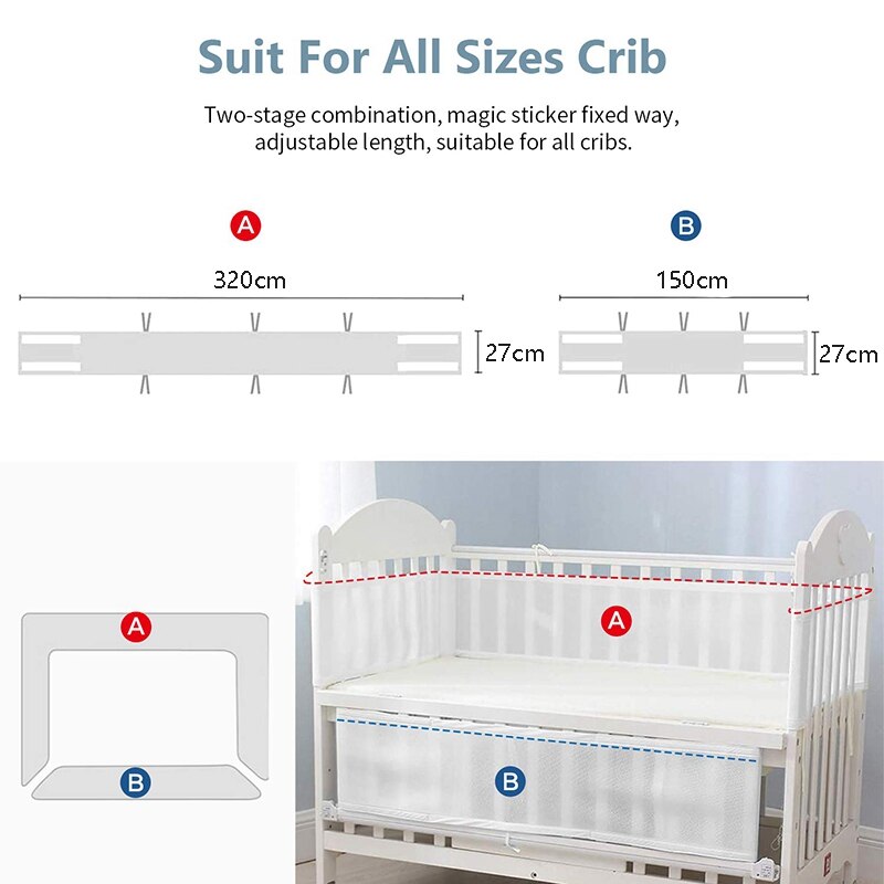 Baby krybbe kofanger, klassisk åndbar mesh krybbe liner ,2 stykker / sæt (hvid)