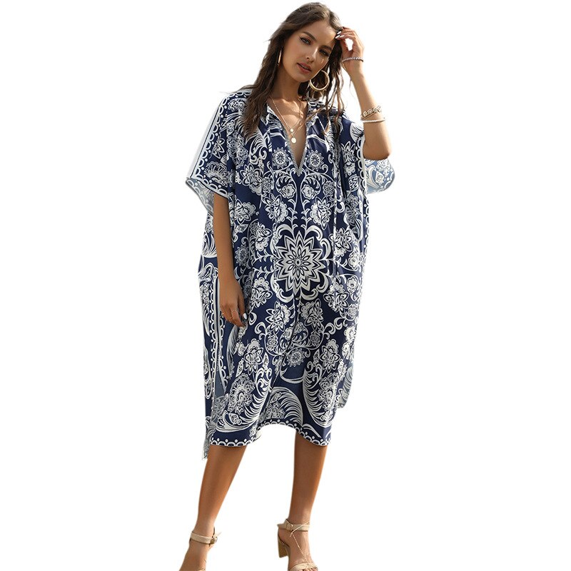 Boheme printet sommer strandkjole badedragt cover-ups plus size kvinder strand wear badedragt cover up blå bomuld tunika  a132