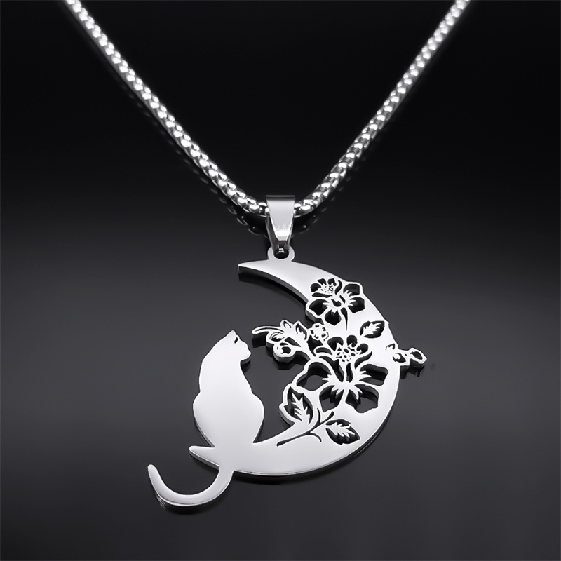 Collar estético de gato, flor, Luna y media luna para mujeres y hombres, cadena bohemia de Color plateado de acero inoxidable, collar de joyería de 3220