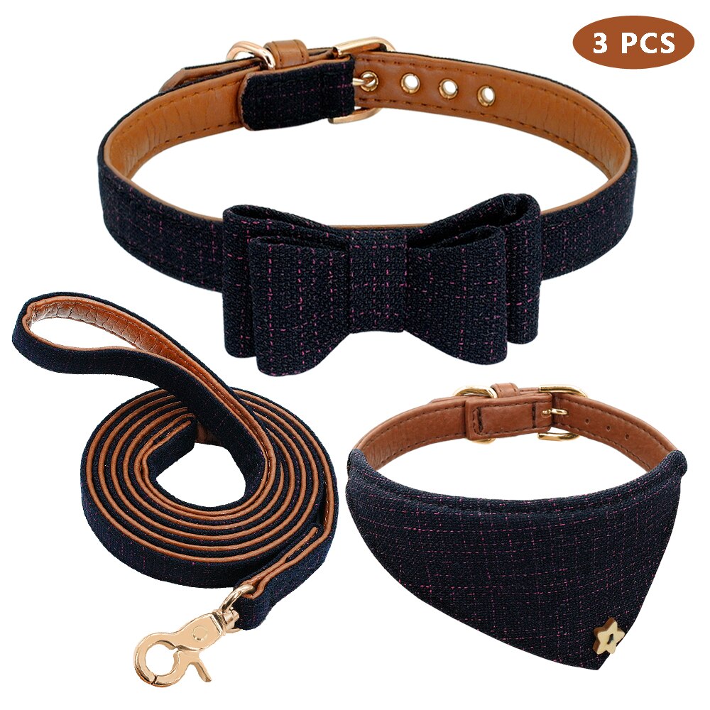 Hundhalsband bandana koppel set hundar katt bowknot läderhalsband bandana scraf med gående koppel husdjur tillbehör: Svart / L