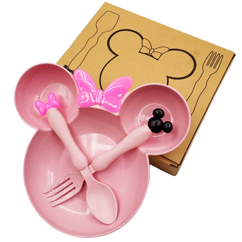Plato de paja de trigo para bebé, vajilla de dibujos animados, vajilla, Bol para niños, cuchara, tenedor, plato de fruta, cuenco de entrenamiento para niños con platos: Pink(with box)
