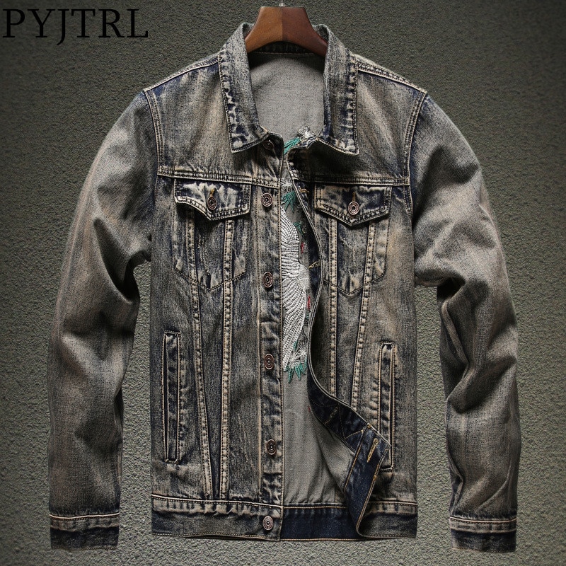 PYJTRL Men's Slim Fitting Denim Jacket Style Embroidery Denim Coat