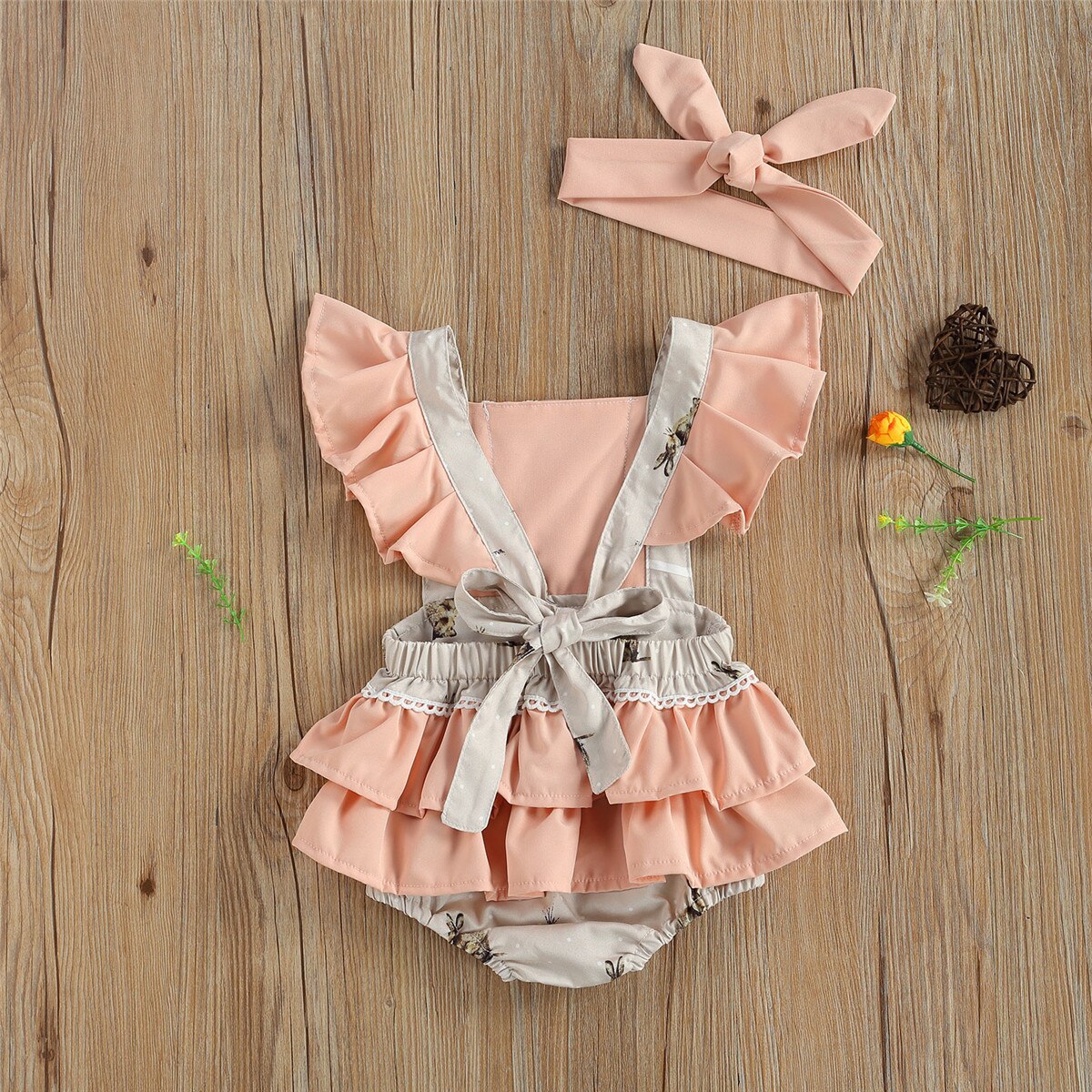 0-24M Cute Easter Infant Baby Girl Playsuit Summer Flower Lace Fly Sleeve Cartoon Bunny Print Ruffle Backless Romper