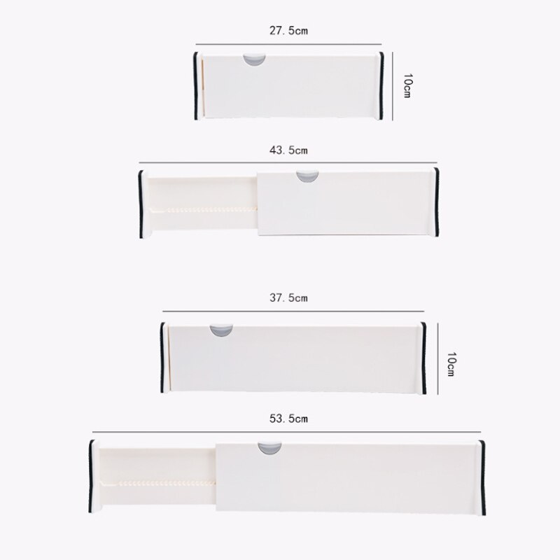 Separadores de cajones de dos tamaños de primavera en blanco, organizador de dormitorio de cocina extensible cargado