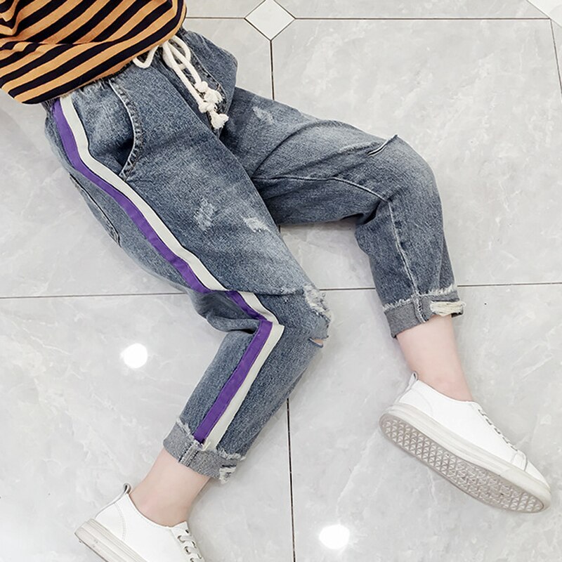 Jeans til piger børn forår efterår lilla stribede børn iført piger 4-12 år gamle piger jeans afslappede bukser jeans til piger: Blå / 6