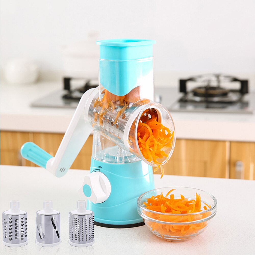 Handheld Rotary Slicers for Vegetables Cheese Grater Shredder Veggie Slicer Chopper 3 Stainless Steel Round Graters BPA Free: Blue