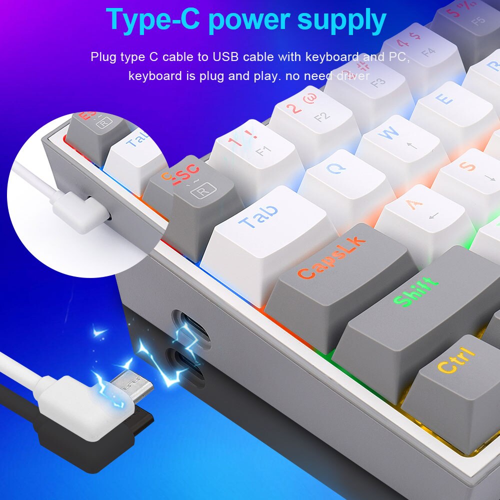 REDRAGON-miniteclado mecánico Fizz K617 para videojuegos, teclado con cable desmontable, 61 teclas, color azul, arcoíris, USB, portátil, para viaje