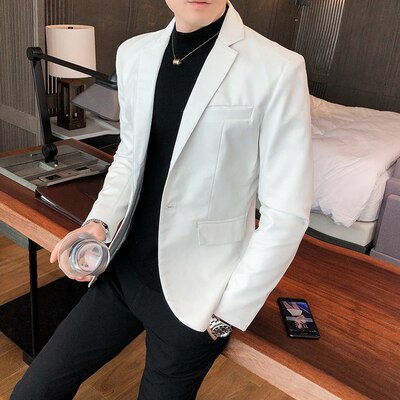 Høst pu skinnjakke blazer koreansk slank skinn dressjakke ensfarget herre skinnjakke m-xxxl: Hvit / M