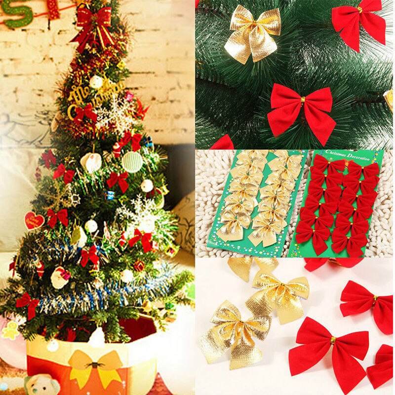 12 stk / pakke rødguld sølv bånd bowknots jul charme dekoration buer juletræ dekoration ornament