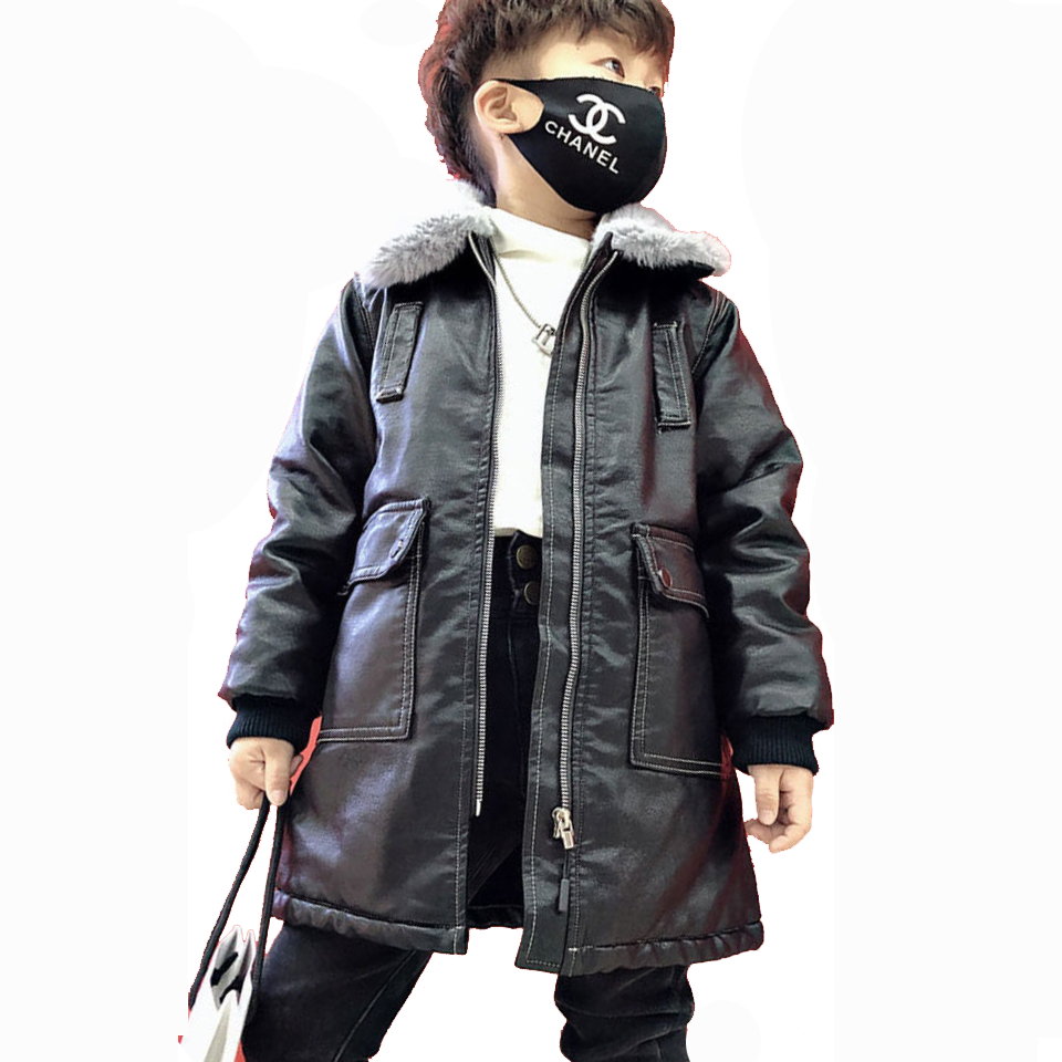 Kids Coats Boys Autumn Winter Black Color Jacket Coats Fur Collar Warm Faux Leather Thicken Outwear For 3 4 6 8 10 12 14Yrs: 4