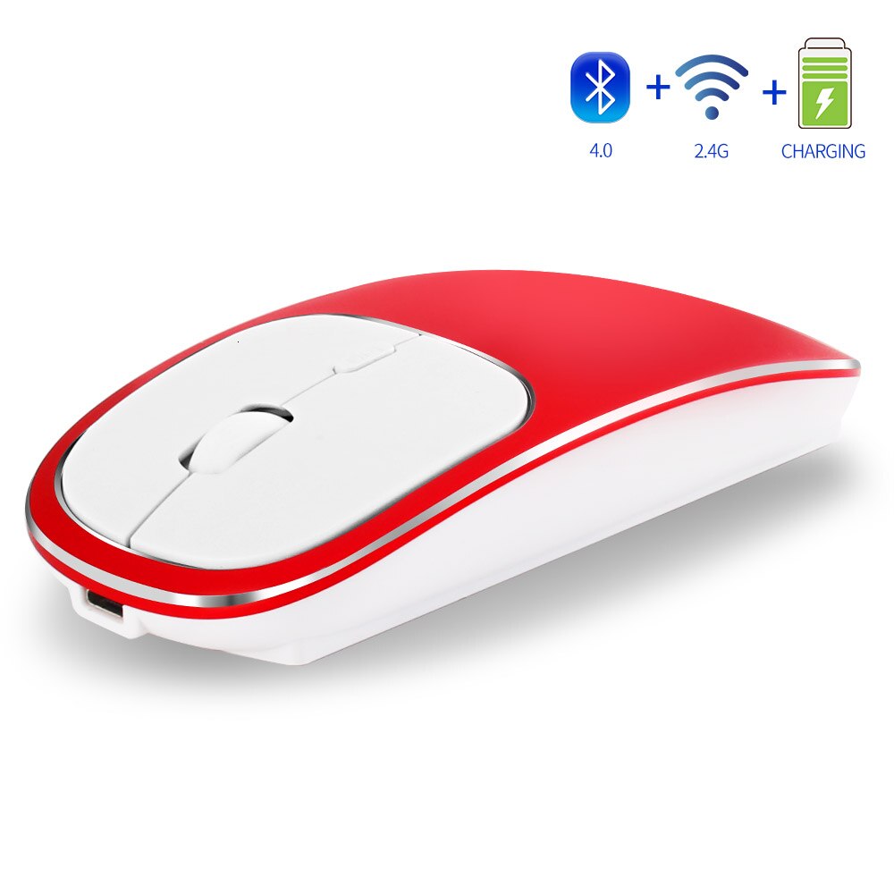 Jelly Comb Rechargeable Bluetooth 4.0+2.4G Wireless Mouse Dual Mode Metal Noiseless Silent Mice for Notebook PC Laptop MacBook: red