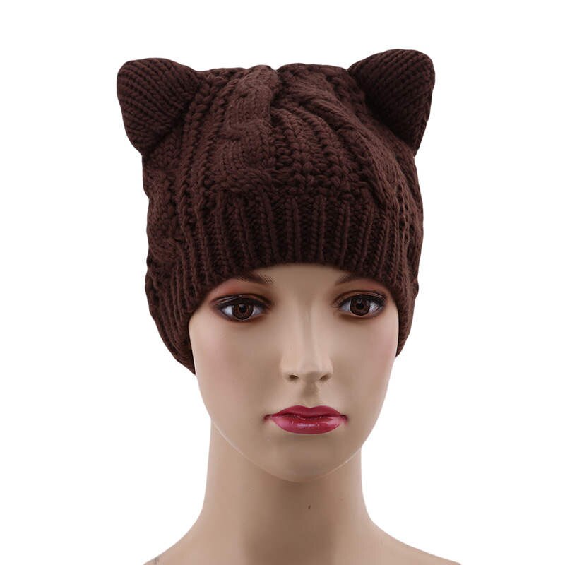 Gorro con orejas de gato y cuernos de diablo para mujer, gorra tejida a ganchillo, gorros de lana tejidos a la , gorros cálidos para invierno y otoño: Coffee color