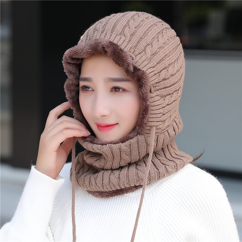 Unisex Winter Knitted Hat Neck Protection Beanie Cap Add Fur Lined Warm Hats For Men Women Balaclava Cap Windproof warm hat: Khaki