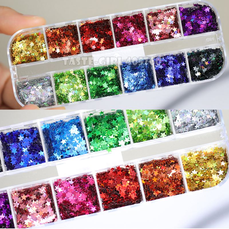 12 Grids/Set 12 Kleuren Mix 3 Maten Glitter Holografische Pentagram Sterren Sequin Nail Art Paillette Decals DIY CT14